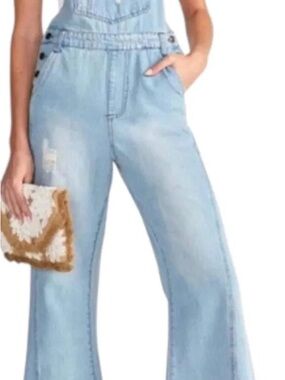Light Wash Denim Wide-Leg Overall Jeans